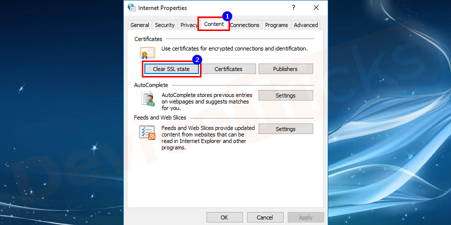 Now go to the Content tab in the opened window and then click on Clear SSL state which is given under the Certificates section.