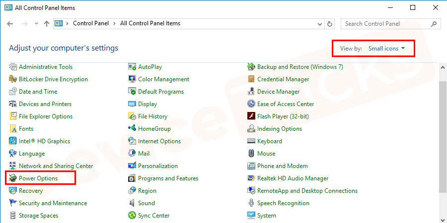 Thereafter, a Control Panel page will appear which will feature the computer settings, move to ‘Power Options’.