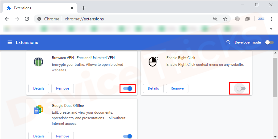 Now click on the blue button given with the extension to disable it. If you don’t need that extension now onwards, you can click on remove.