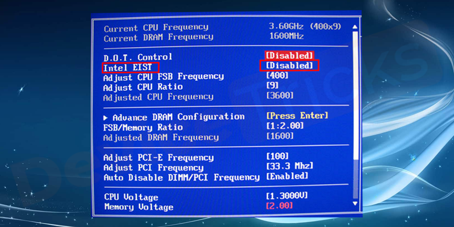Soon, a CPU feature page will appear, select Intel EIST and turn it in Disable Mode.