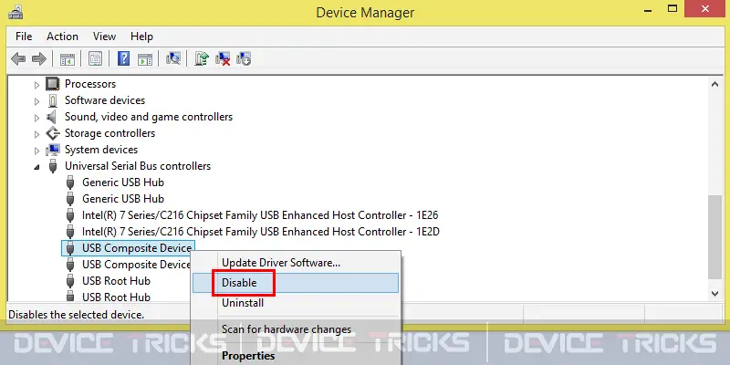 Choose the affected driver and right-click to Disable.