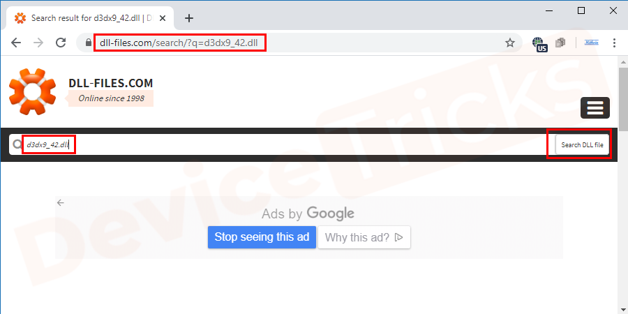 In the application, you will find the search bar. Just enter “d3dx9_42.dll” in the box and click on the “Search DLL file” button. 