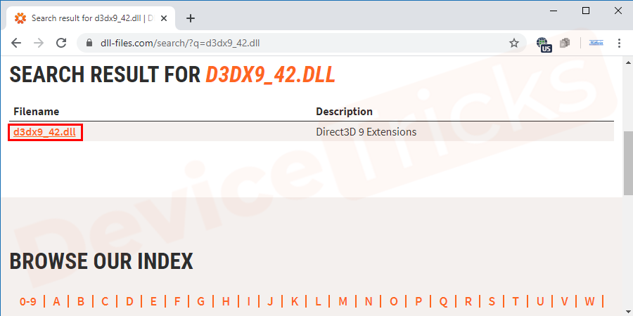Click on ‘d3dx9_42.dll’ in the results of this search. Initially, download it on your computer.