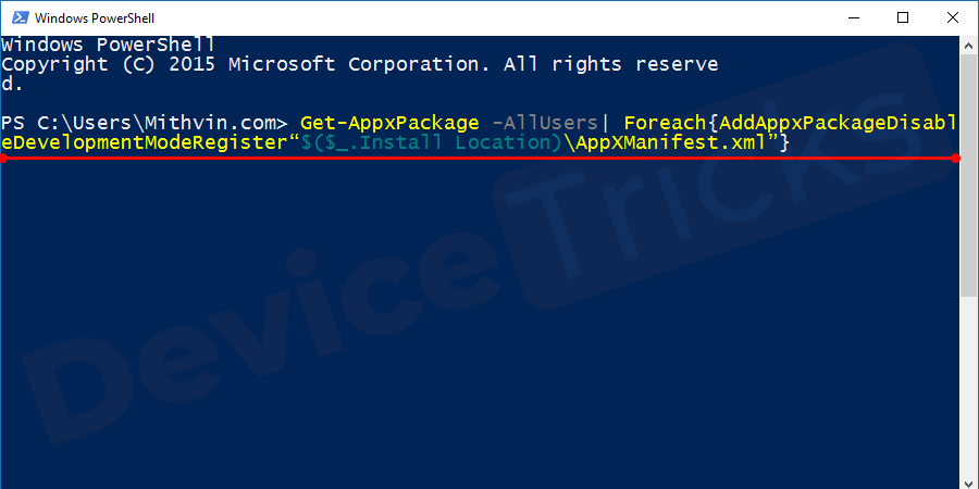 Once the App is uninstalled re-install the App by typing Get-AppxPackage -AllUsers| Foreach{AddAppxPackageDisableDevelopmentModeRegister“$($_.Install Location)\AppXManifest.xml”}. Restart the system to save the changes and open the photos to check the registry error has gone or not.