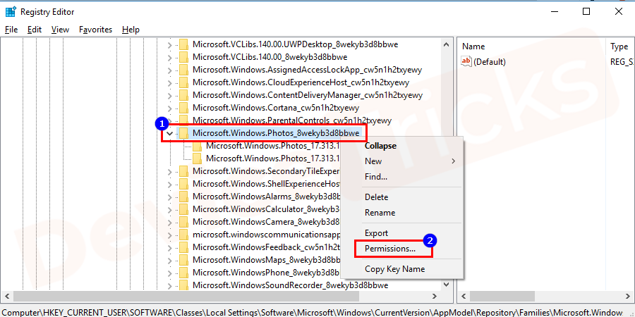 Right-Click on the Microsoft.Windows.Photos_8wekyb3d8bbwe directory and select permission.