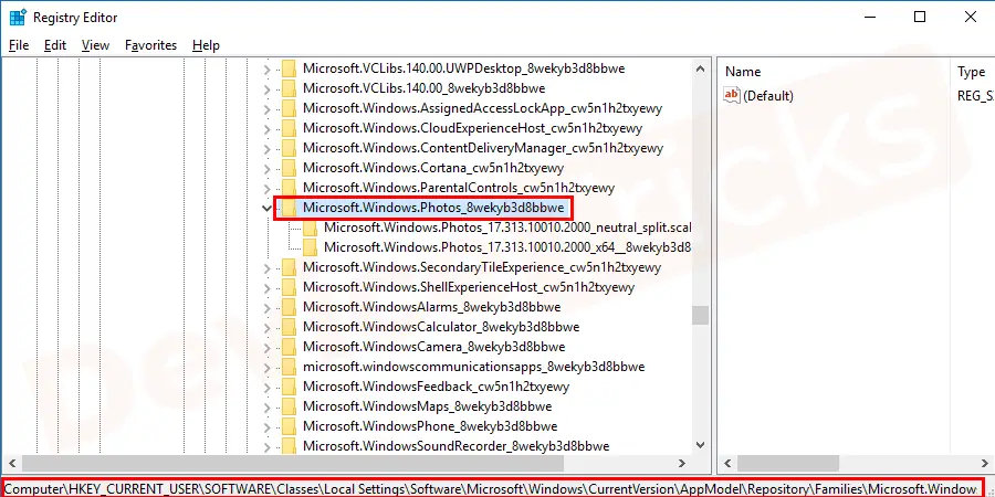 Navigate to HKEY_CURRENT_USER\Software\Classes\Local Settings\Software\Microsoft\Windows\CurrentVersion\AppModel\ Repository\Families\Microsoft.Windows.Photos_8wekyb3d8bbwe directory on the left panel.