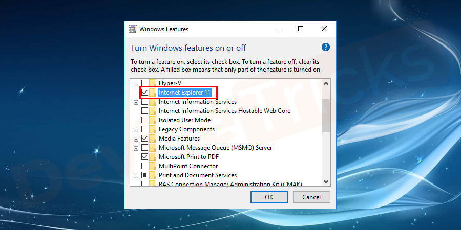 Thereafter, a new pop-up window will open, move to the ‘Internet Explorer 11’ section and then uncheck the box.