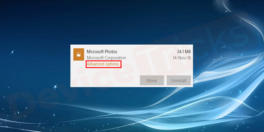 Select the Advanced option for resetting the photo App.