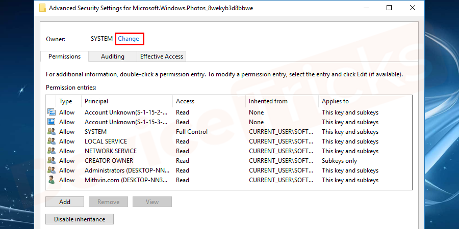 Select the change option on the Advanced settings window.