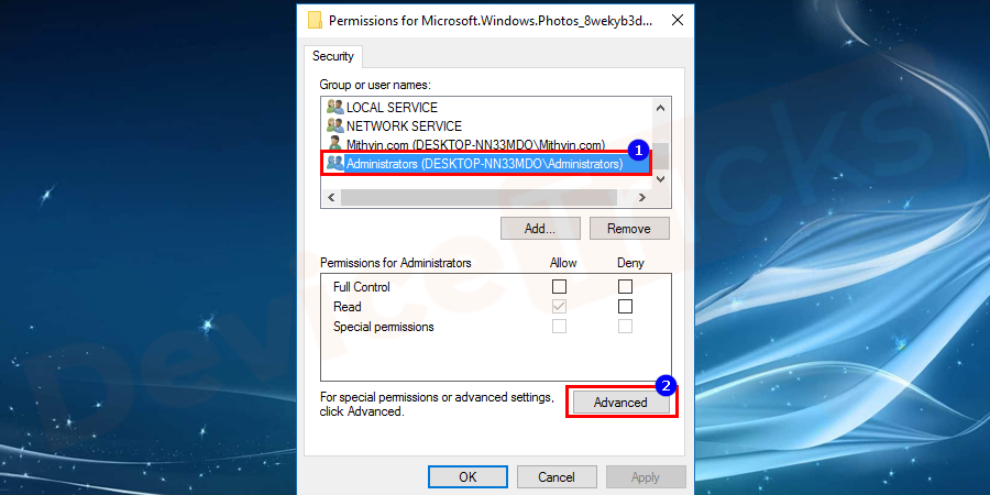 Select the Administrator by scrolling down the list and click on Advanced button.
