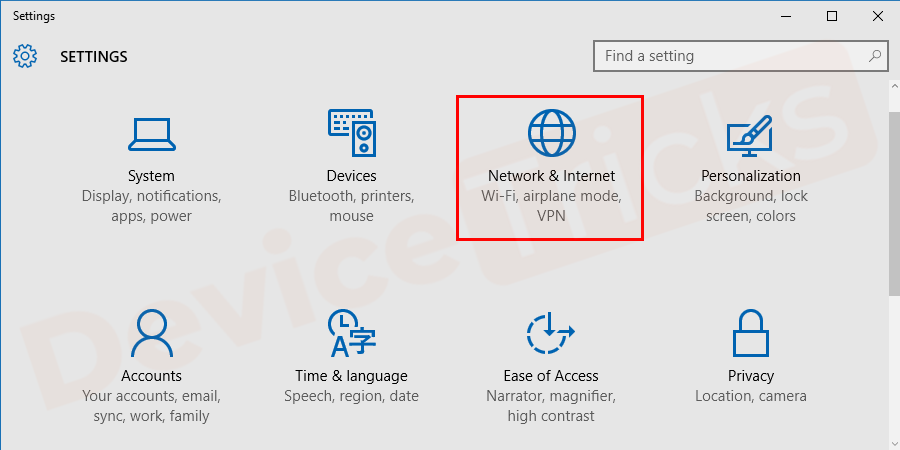 Select Network and Internet from the available options.