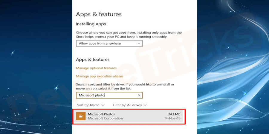 In the Apps and features setting search for photo App and click on it.