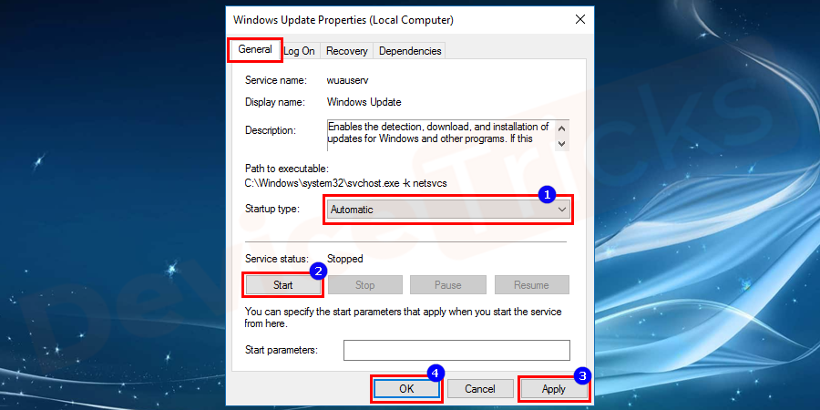 The Windows Update Properties will pop up, just click General and select Automatic for Startup type. Now click the Start button and press Apply and OK to apply changes.