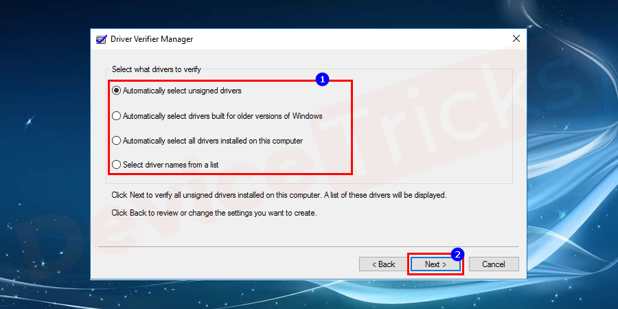 Select what drivers need to verify and then click Next to continue.