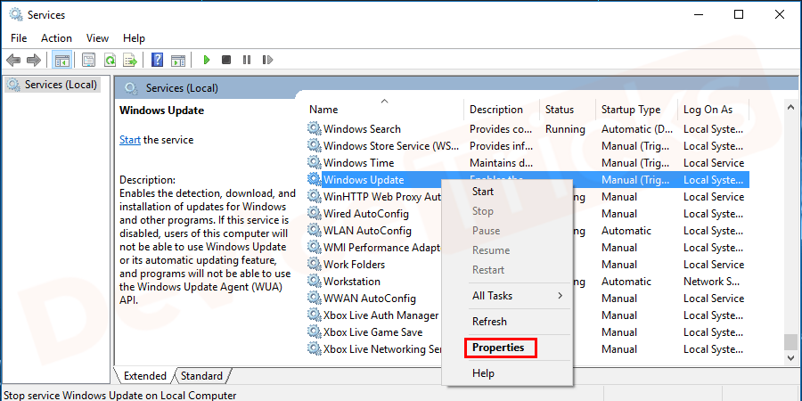 Search for the Windows Update File, Right-click on it and select Properties.