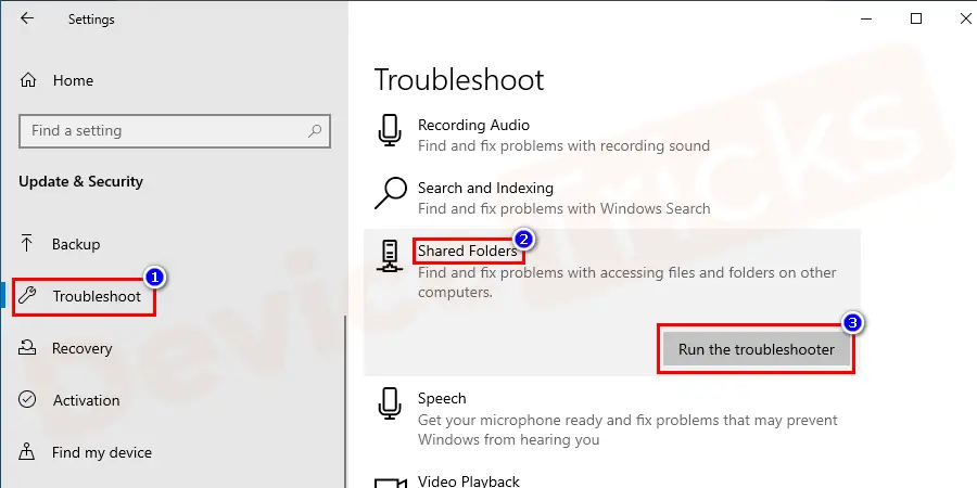 In the list, Select and perform troubleshooting of the shared folder.