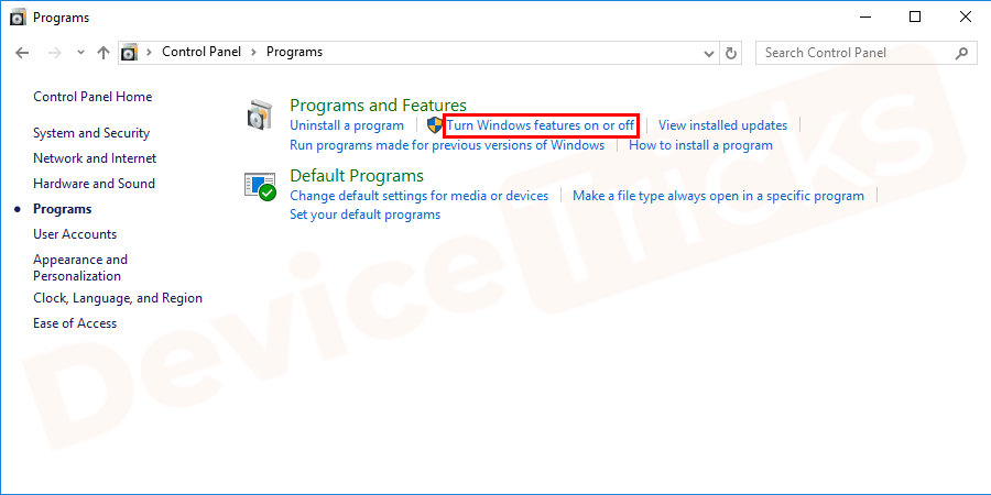 In the Program section, you will find ‘Programs and Features’ sub-section and beneath the same, you will find ‘Turn Windows features on or off’, click on it.