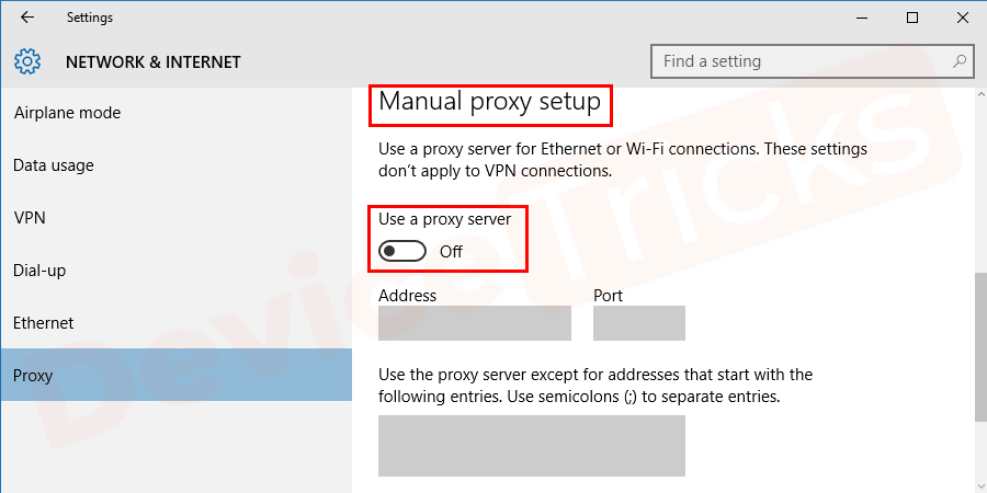 Under Manual proxy setup, disable the switch for Use a proxy server.