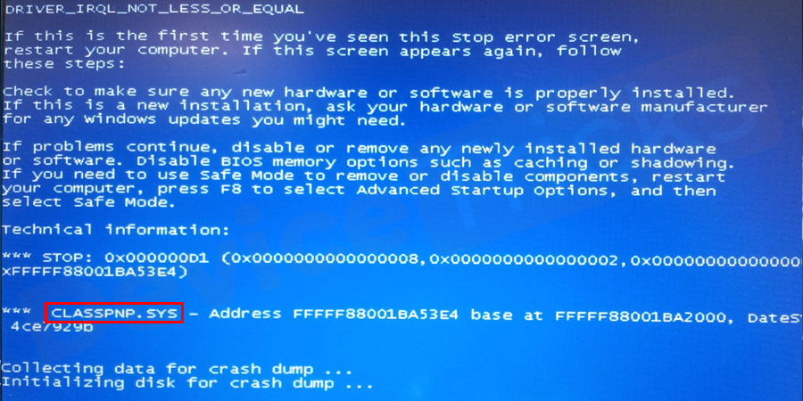 modo de segurança bsod classpnp.sys