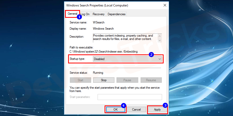 After completing the above process, on the same screen, double-click on 'Window Search' to access its properties. And move to ‘Startup type’ and select disable from the drop-down menu.