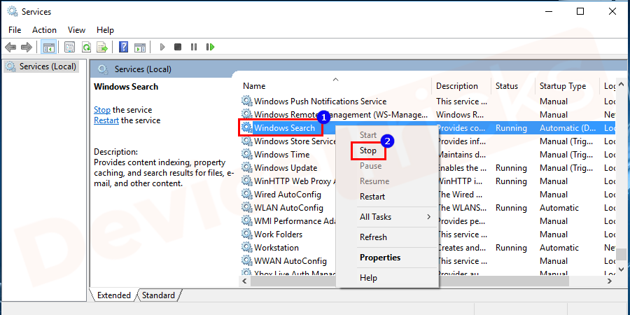 Thereafter service page will appear which will show the list of the index. Select ‘Window Search’ and then right-click on it to get additional options. And then click on the ‘Stop’ button from the featured options.