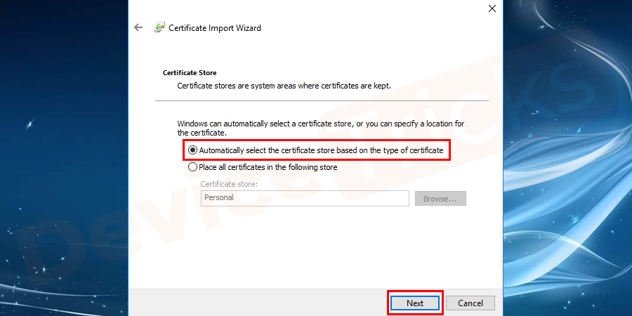 select the certificate store