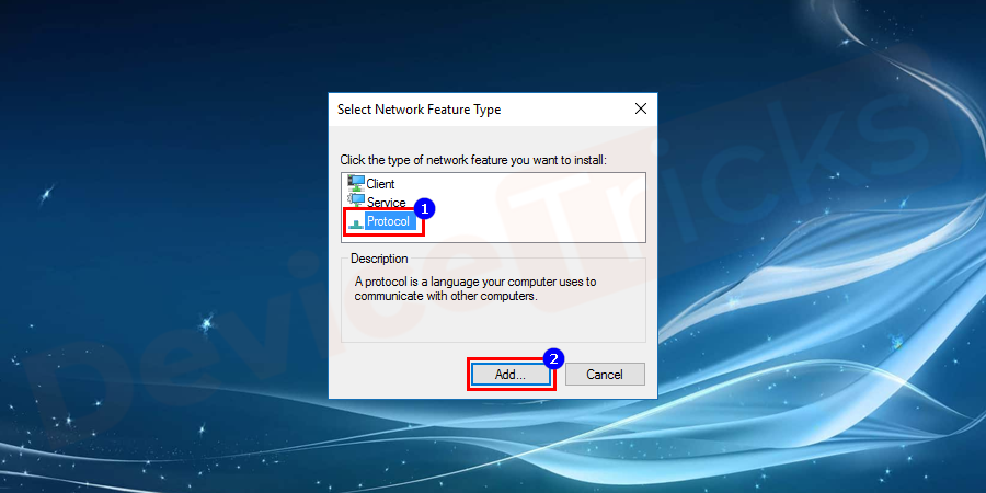 In the next screen, choose the Reliable Multicast Protocol option and select to Add.