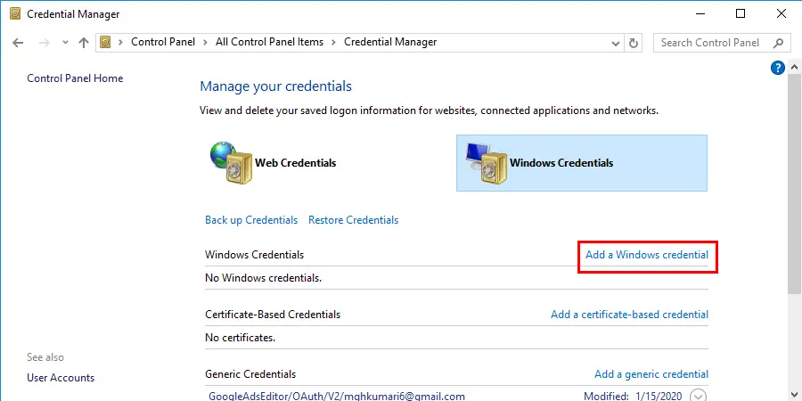 Delete all existing Windows Credentials to fix the Error code: 0x80070035