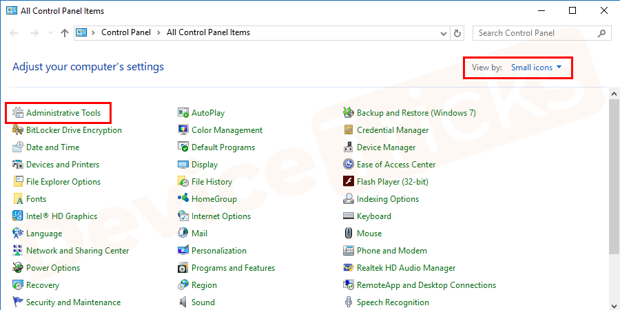 A Control Panel window will open and here you will find the ‘Administrative tool’ option, click on it.