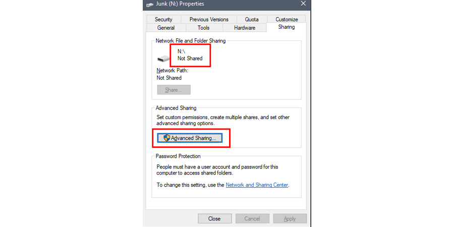 Check whether a drive is shared or not to Fix the Error code: 0x80070035