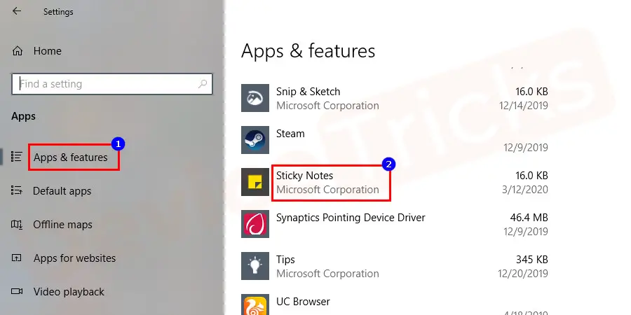 Then select the Apps and features tab.