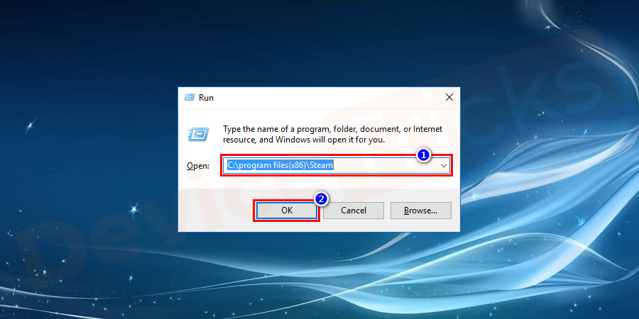 After completing the above task, open the ‘Run’ box as you did in the above step and then go to the installation folder of the Steam. For example, if the Steam files are saved in ‘C:\program files(x86)\Steam’ then move to such folder. If you have saved in another location, then go for such a path.