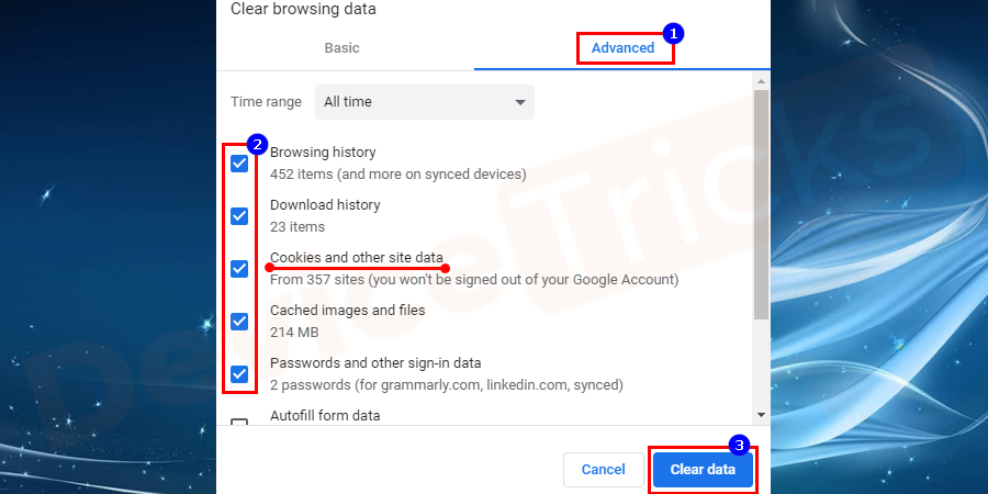 Check the required boxes under this option. Once you have selected the data to clear then click on the Clear data button.