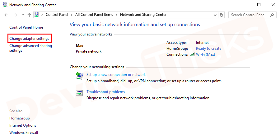 On the left end of the ‘Network and Sharing Center’ page, you will get a few options, click on ‘Change adapter settings’.