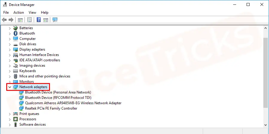 Thereafter, a Device Manager page will open and here you need to select the ‘Network Adapter’ section and click on the arrow button located at the parallel of the ‘Network adapter’ to get the list of drivers.