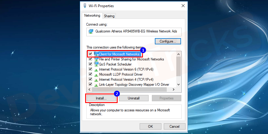Click on the Client for Microsoft Networks option and select Install.