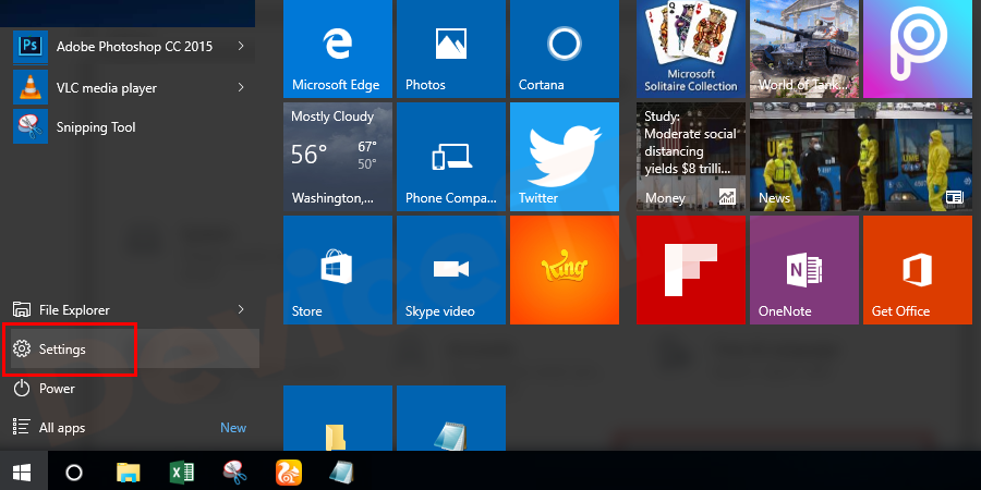 Click on the ‘Start’ button and further click on the ‘Settings’ icon located above the power menu.