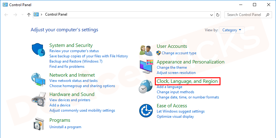 A control panel page will feature on the screen, move to the ‘clock and region’ section.