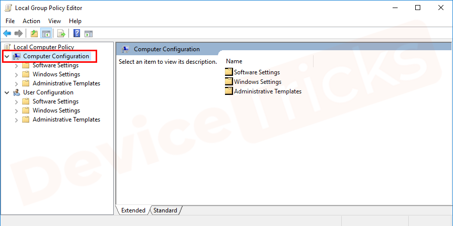 Thereafter, a new window will appear on the screen that will feature multiple options at the left end of the page, click on ‘Computer Configuration’.