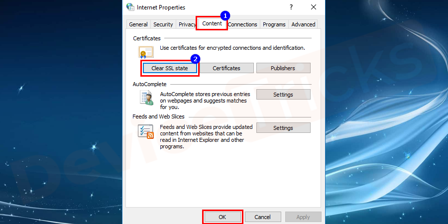 Thereafter, a pop-up window will appear and you need to click on the ‘Content’ tab located at the top of the page and then move to the certificates section and click on ‘Clear SSL state’.