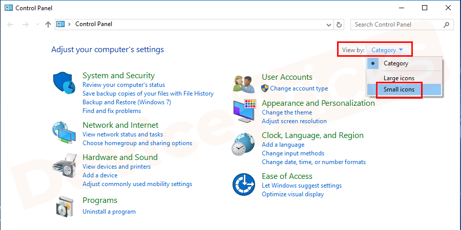 Soon, a Control Panel window will appear on the screen, move to the ‘Category’ section that is located at the top-right of the page and select ‘Small icons’ from the drop-down menu.