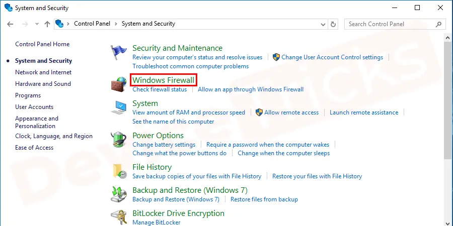Soon, you will get the list of security features offered by Windows 10, select the ‘Windows Defender Firewall’.