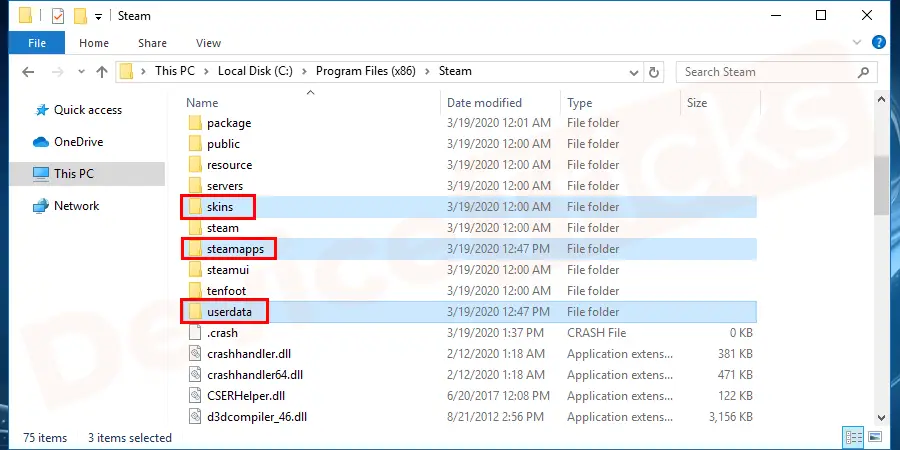 After getting the path, select the respective folders that are provided here and then delete them all. The files are “Userdata, Skins, Steamapps, Ssfn files & Steam.exe”.
