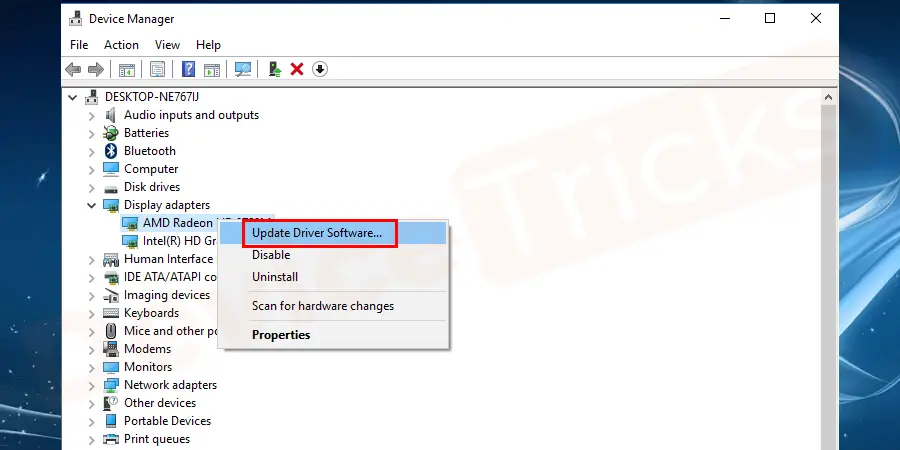 Right-click on your active Graphics Card driver set and select Update driver.
