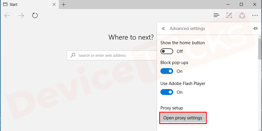 In the ‘Advanced settings page' you will get ‘Proxy setup’ and beneath it, ‘open proxy settings’ is listed, click on it.