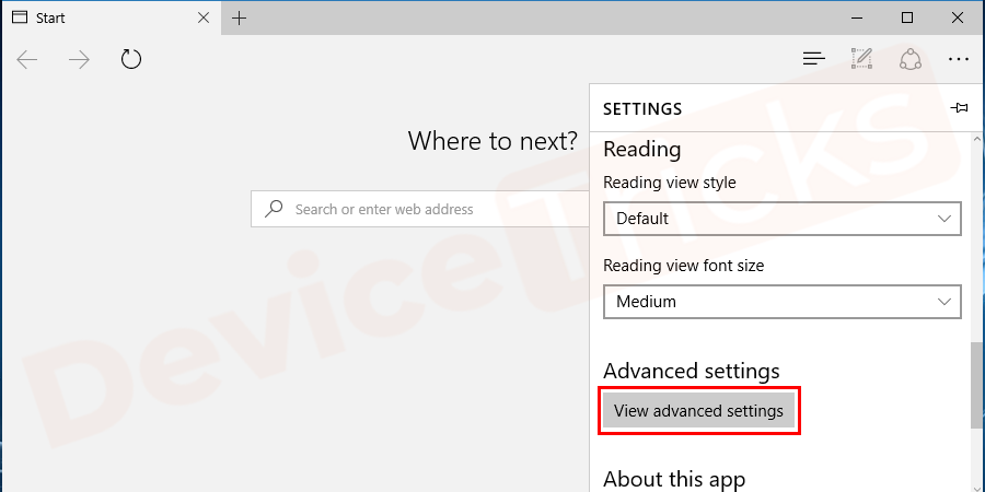 In the ‘settings’ page, you will find the ‘Advanced settings’ section and beneath the same ‘view advanced setting’ button is located, click on it.