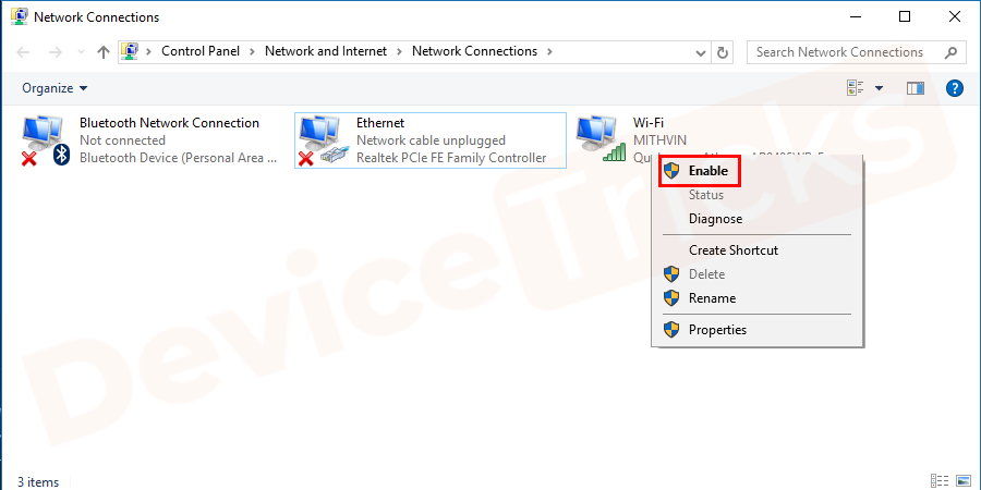 Once again right-click on the same Network Adaptor and choose Enable.