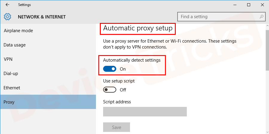 Soon, the ‘Automatic proxy setup’ page will appear on the screen, move to the ‘Automatically detect settings’ section and turn the radio button in ON mode.