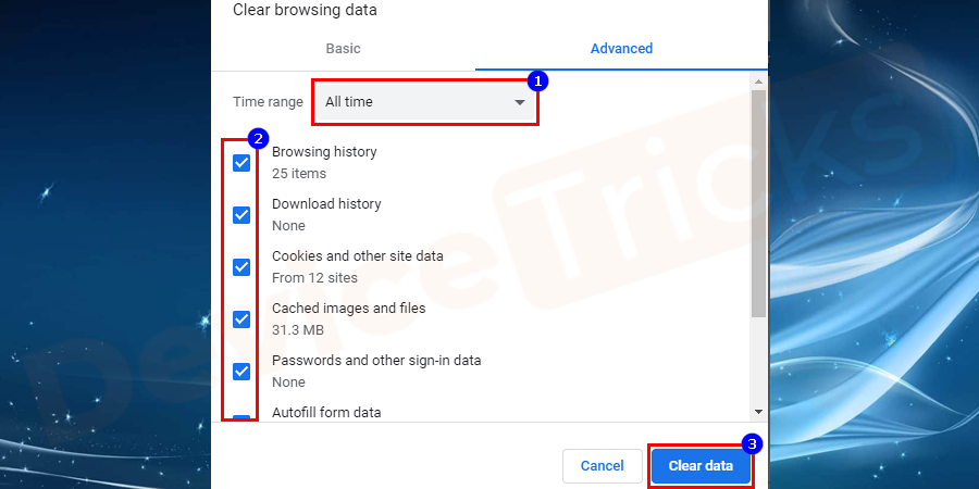 Make sure to select ‘All-time’ from ‘Time range’. And after that, click on ‘Clear data’.