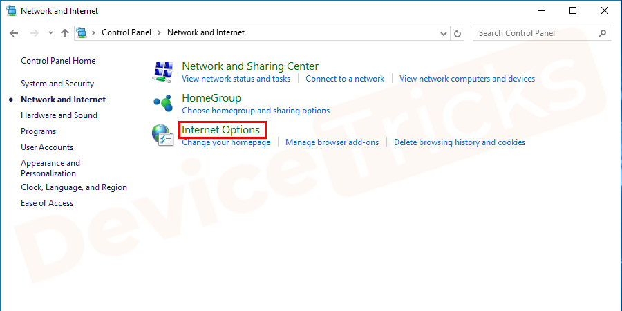 On the next page you will find, ‘Internet Options’ click on it.